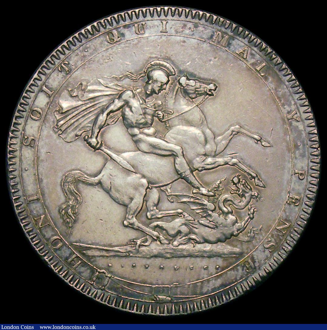 London Coins : A165 : Lot 2515 : Crown 1818 LIX I over higher I in HONI, Q of QUI doubled type as ESC 214, Bull 2009 GVF/VF toned wit...