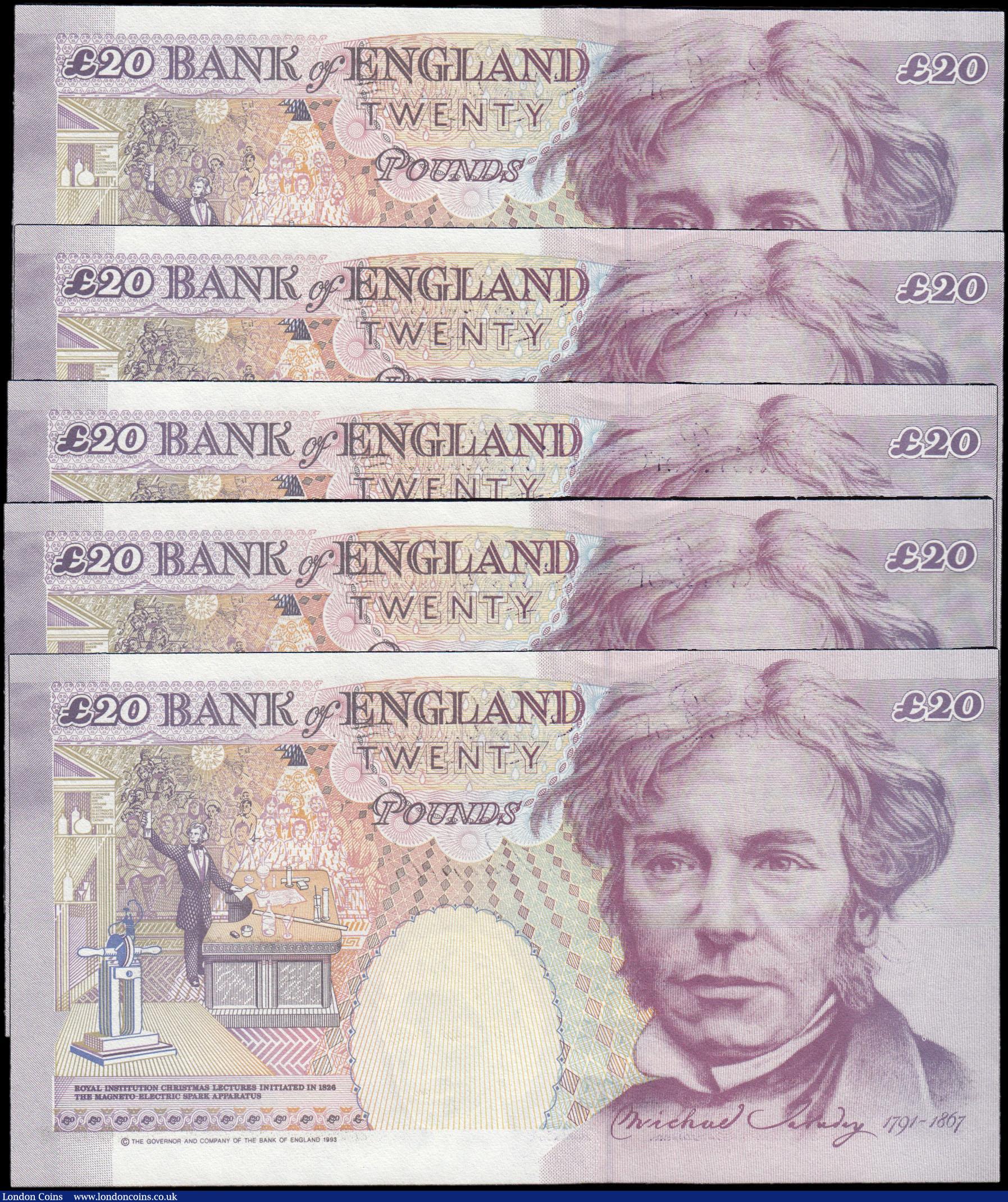 London Coins : A165 : Lot 260 : Twenty Pounds Kentfield B375 issued 1994 Michael Faraday on reverse (5) a mostly consecutive number ...