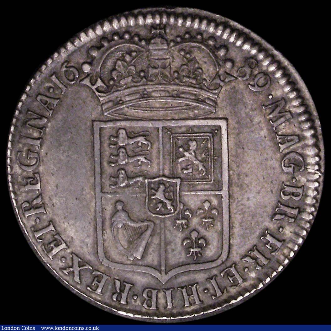 London Coins : A165 : Lot 2709 : Halfcrown 1689 First Shield, Caul only frosted, with pearls, ESC 505, Bull 831, About VF with grey t...