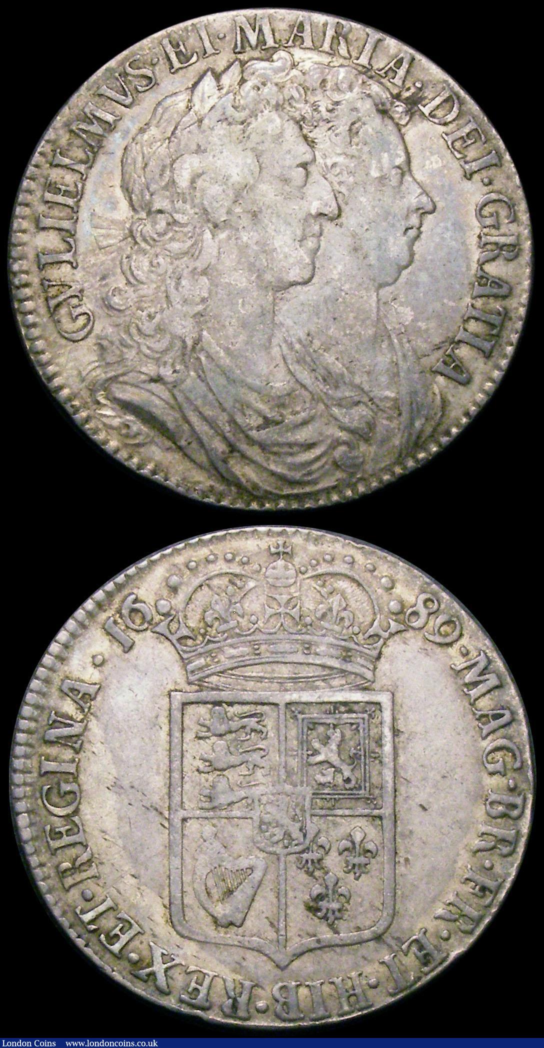London Coins : A165 : Lot 2767 : Halfcrowns (2) 1689 First Shield, Caul only frosted, with pearls,  ESC 505, Bull 831 Fine or slightl...