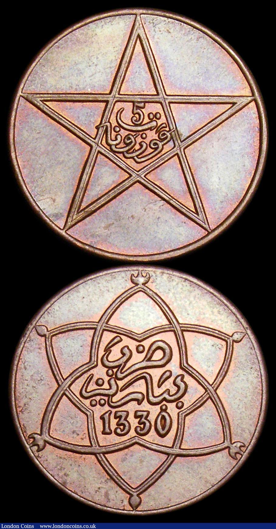 London Coins : A165 : Lot 3722 : Morocco (2) 10 Mazunas AH1330 Pa (1912) Y#29.1 Toned UNC, 5 Mazunas AH1330 Pa (1912) Y#28.1 UNC with...