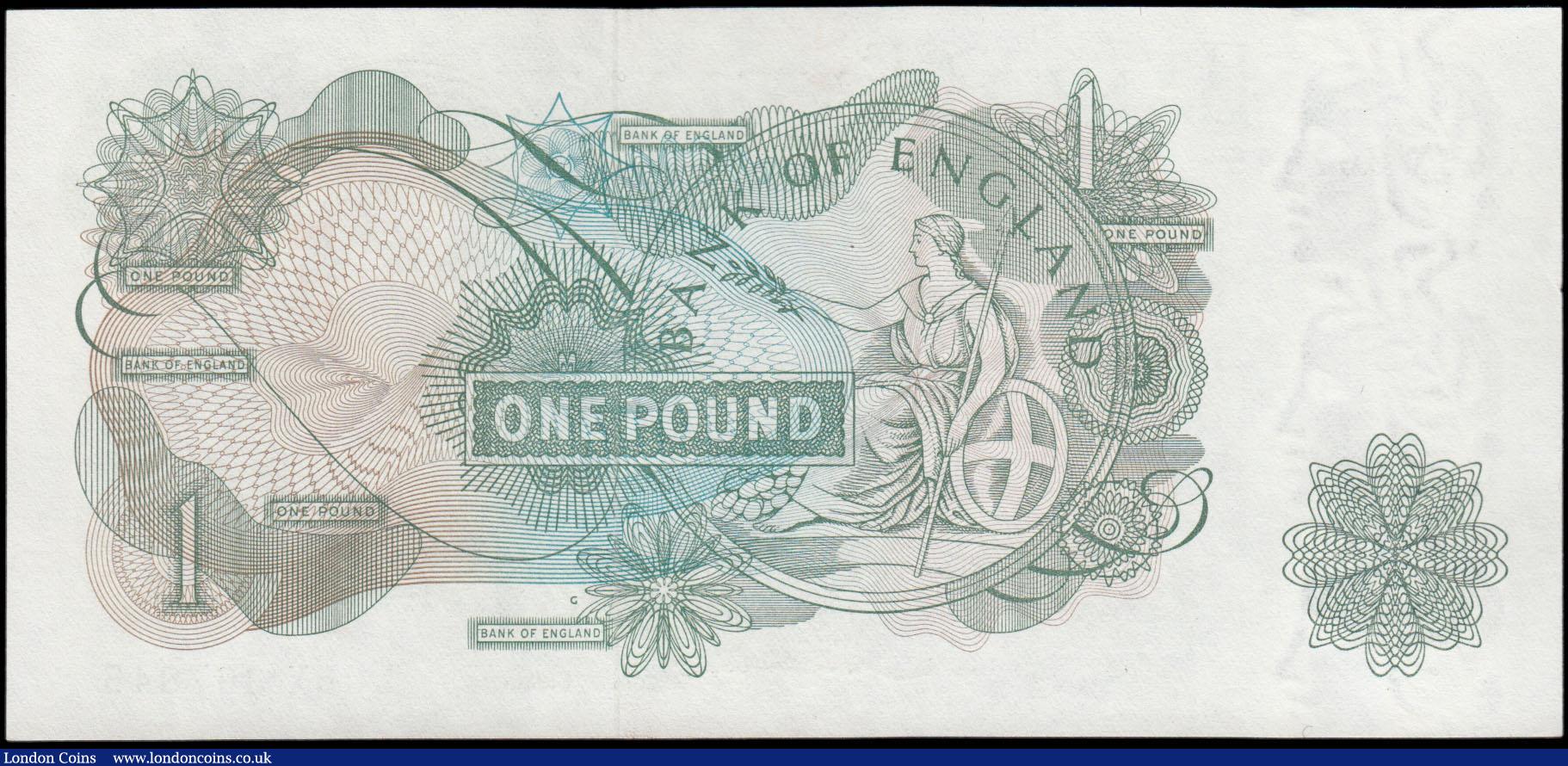 London Coins : A165 : Lot 399 : One Pound Hollom, B292 G Reverse issue 1963, last series L05X 367845, UNC