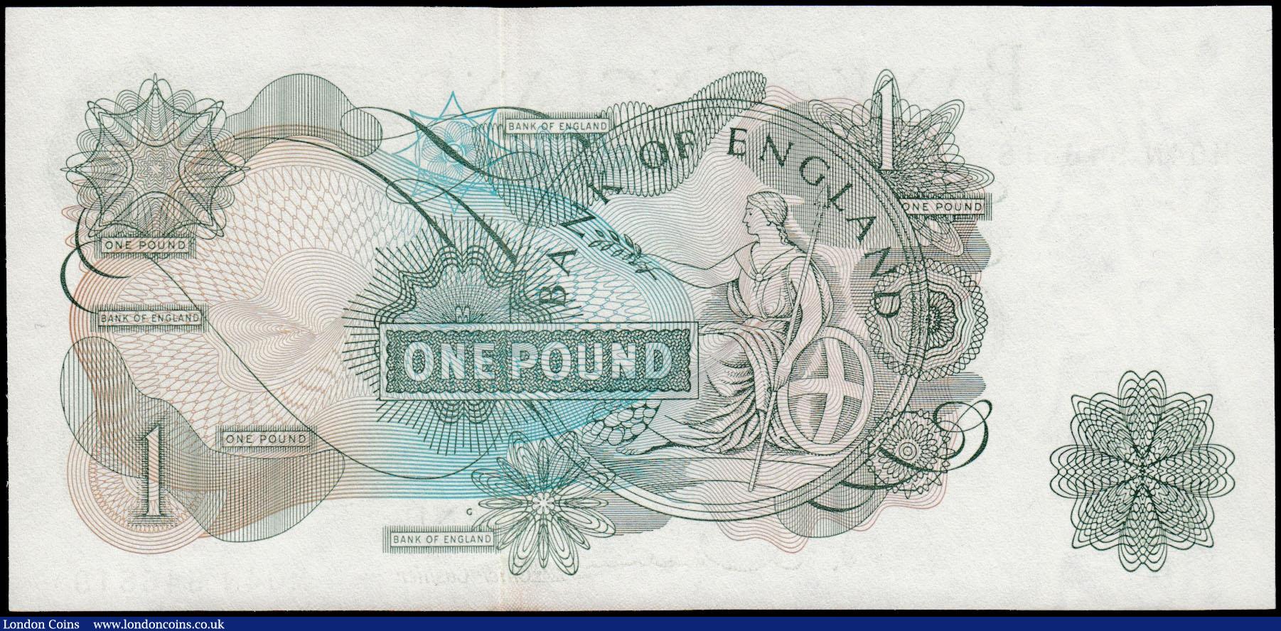 London Coins : A165 : Lot 400 : One Pound Hollom B293 Replacement G reverse issued 1963, earlier prefix series M04N 546818, UNC