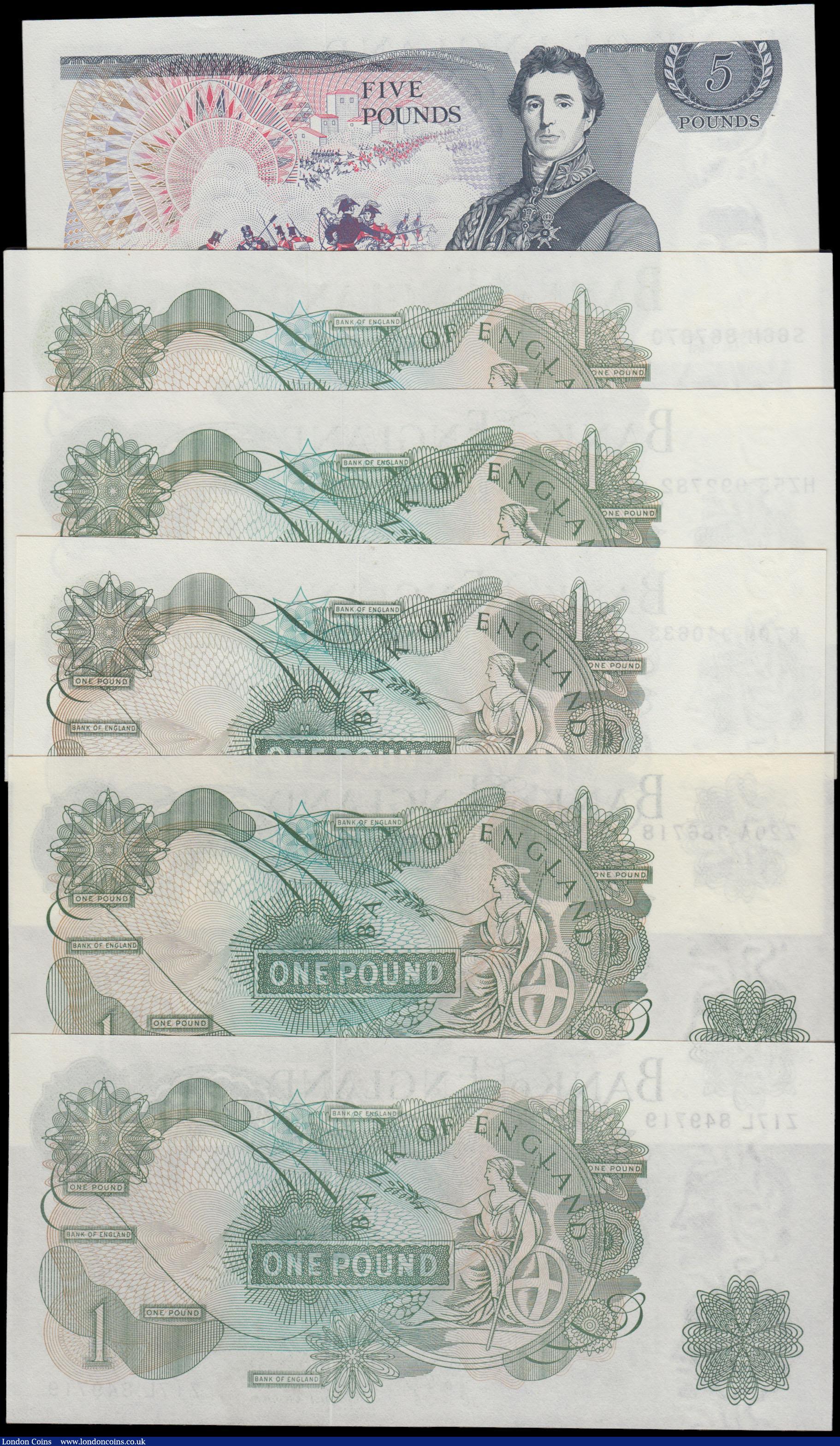 London Coins : A165 : Lot 428 : Bank of England Page (6) Five Pounds QE2 pictorial & The Duke of Wellington B334 Blue L Reverse ...