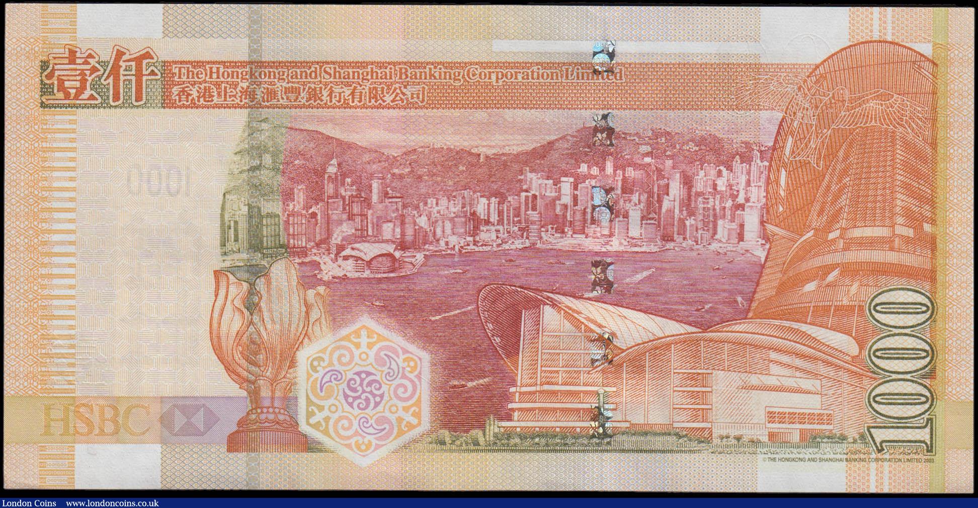 London Coins : A165 : Lot 613 : Hong Kong $1000 HKSB dated 2008, replacement prefix ZZ, Pick211r for type, about UNC. 