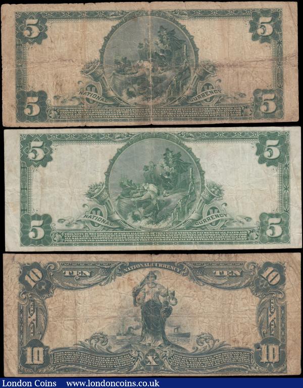 USA National Currency Blue seal Large series 1902 Issues (3) in Good - Fine comprising 5 Dollars The Commercial Bank of Youngstown Ohio Ben Harrison portrait dated 22nd May 1920 Charter 2482 serial number 54022 upper signatures Elliott & Burke. 5 Dollars El Paso National Bank Texas Ben Harrison portrait dated 6th June 1925 Charter 12769 serial number 343 upper signatures Speelman & White. 10 Dollars The Norfolk National Bank Virginia dated 27th June 1905 Charter S3368 serial number 139428 upper signatures Lyons & Roberts. Scarce and sought after issues : World Banknotes : Auction 165 : Lot 1275