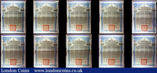 China, Chinese Government 1913 Reorganisation Gold Loan, 10 x bonds for £100, Hong Kong & Shanghai Bank issues, vignettes of Mercury and Chinese scenes, black & blue with coupons, Fine to NVF, one stapled, some with pencil or ink annotations : Bonds and Shares : Auction 165 : Lot 1292