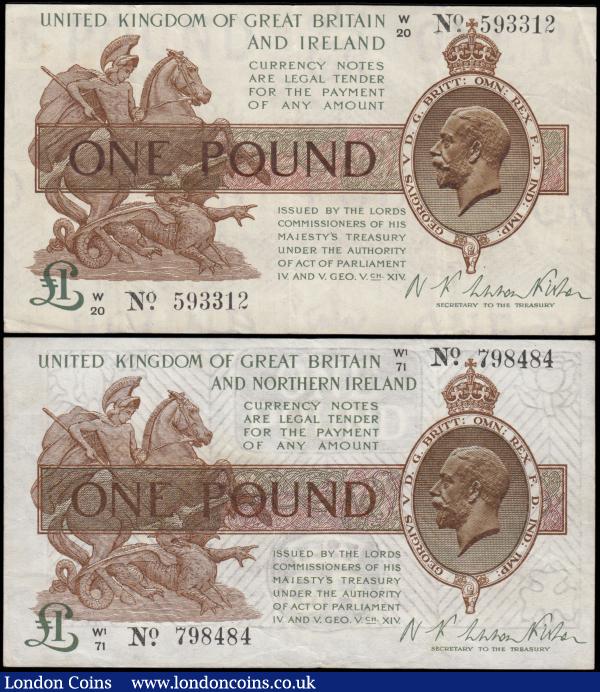 One Pounds Warren Fisher (2) T24 issued 1919 series W/20 593312 and T34 issued 1927 series W1/71 798484, Northern Ireland in title with round dot both VF or better : English Banknotes : Auction 165 : Lot 171