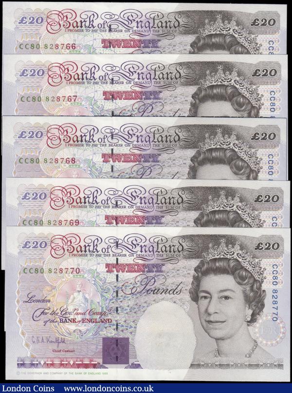 Twenty Pounds Kentfield B375 issued 1994 Michael Faraday on reverse (5) a consecutive number run CC80 828766 to CC80 828770 About Unc one light centre fold : English Banknotes : Auction 165 : Lot 259