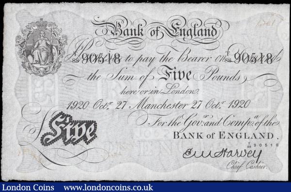 Five Pounds Harvey White Note B209af dated 27th October 1920 serial T88 90518, MANCHESTER branch issue, faint inked lettering on reverse, GVF, rare and very sought after : English Banknotes : Auction 165 : Lot 34
