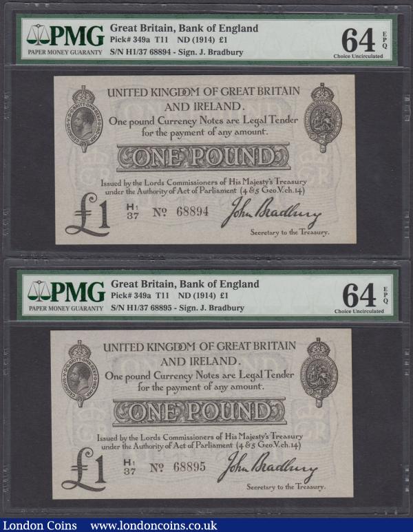 One Pound Bradbury T11.2 Second issue 1914 (2) a consecutive pair series H1/37 68894 & H1/37 68895 both in PMG holders graded Choice Uncirculated 64 EPQ, Exceptional Paper Quality. Type 2 serial number prefix with a letter accompanied by a small number "1". Printed by De La Rue on banknote paper manufactured by William Joynson & Co. with watermark of wavy lines incorporating the Royal Cypher : English Banknotes : Auction 165 : Lot 4