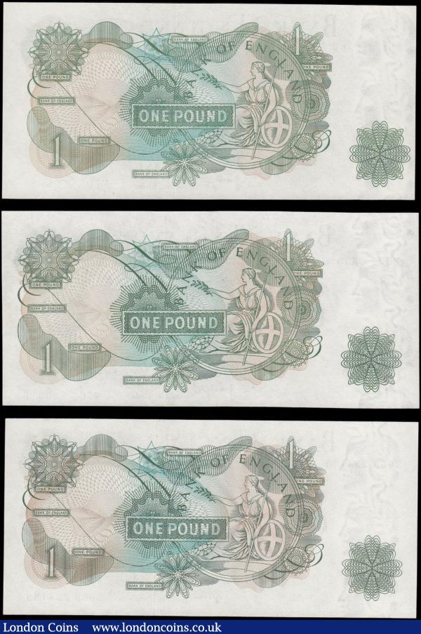 One Pounds (3) QE2 portrait and seated Britannia, Fforde B305 issued 1967, series S66B 234183, along with Page (2) B323 Replacement Issues 1970, although not all were used as such, series MS02 560310 & MT05 022869, all UNC : English Banknotes : Auction 165 : Lot 435