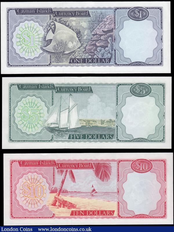 Cayman Islands (3) a denomination set L. 1947 in mixed high grades comprising 1 Dollar QE2 & Fish, coral Pick 5a serial number prefix A/3 signed Johnson series A/3 363007. 5 Dollars QE2 &  Schoner off George Town Pick 6a signed Johnson series A/1 364133. 10 Dollars QE2 & Beach Pick 7a signed Johnson series A/1 331494 : World Banknotes : Auction 165 : Lot 868
