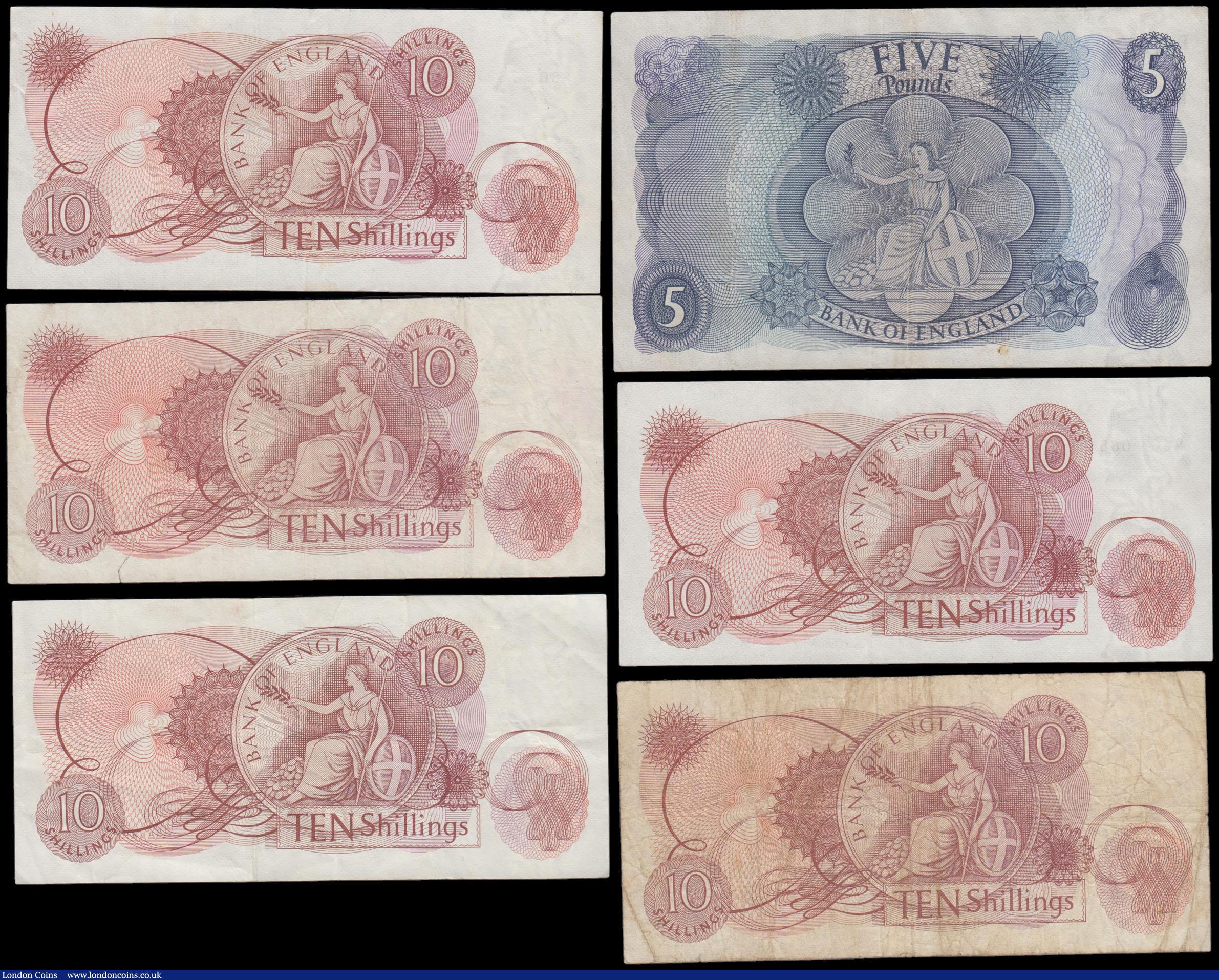London Coins : A166 : Lot 22 : Fforde & Hollom REPLACEMENT collection (6), Fforde 5 Pounds B313 issued 1967 series M18 447109, ...