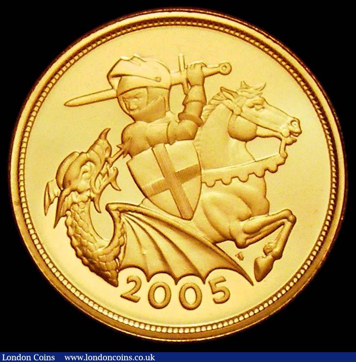 London Coins : A166 : Lot 2236 : Sovereign 2005 St. George with sword and shield S.SC6 Proof UNC/nFDC the obverse with some surface m...