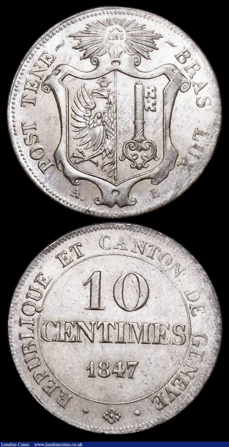 London Coins : A166 : Lot 2883 : Swiss Cantons (2) Geneva 10 Centimes 1847 A-B KM#134 Lustrous UNC with hints of toning, Solothurn Ba...