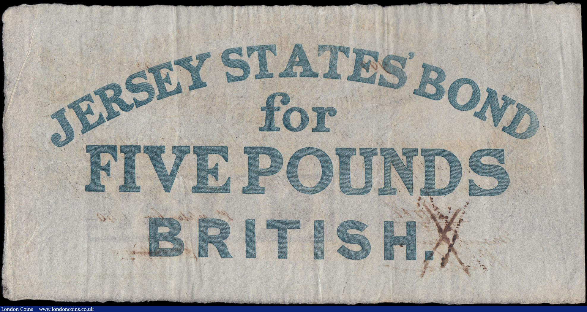 London Coins : A166 : Lot 325 : Jersey Treasury of States of the Islands of Jersey 5 Pounds Interest bearing note Pick A1b ink cance...