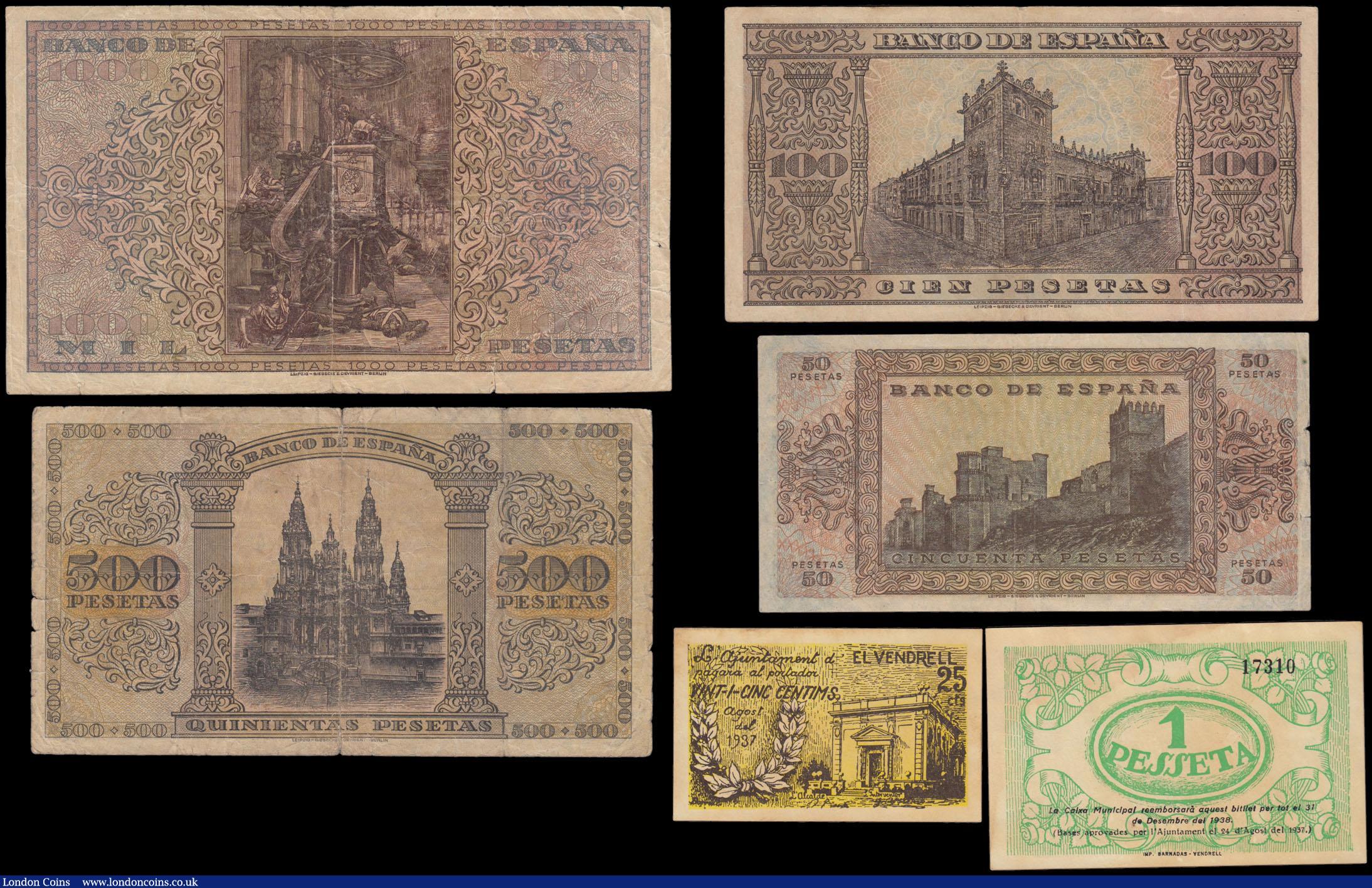 London Coins : A166 : Lot 424 : Spain (6) in mixed grades comprising l'Ajuntament d'El Vendrell 25 Centimos 1937 and 1 Pes...
