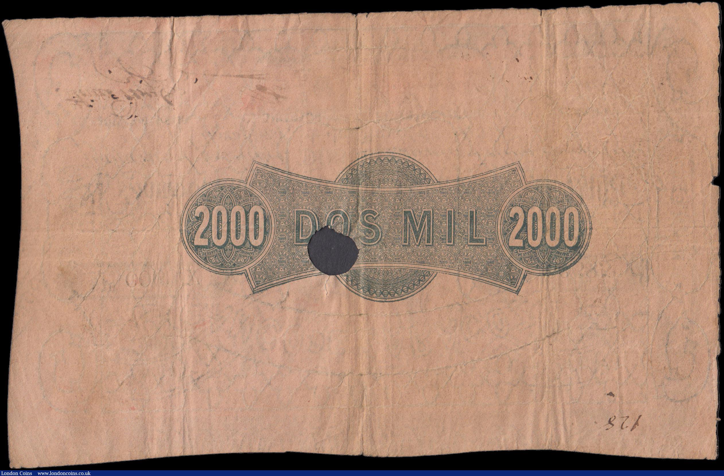 London Coins : A166 : Lot 427 : Spain Banco de Zaragoza 2000 Reales De Vellon as Pick S455 issued variety punchole cancelled at cent...