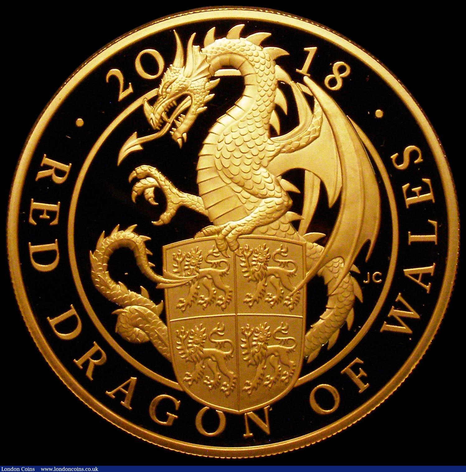 London Coins : A166 : Lot 578 : Five Hundred Pounds 2018  Queen's Beasts - The Red Dragon of Wales 5oz. 24 carat Gold Proof S.Q...