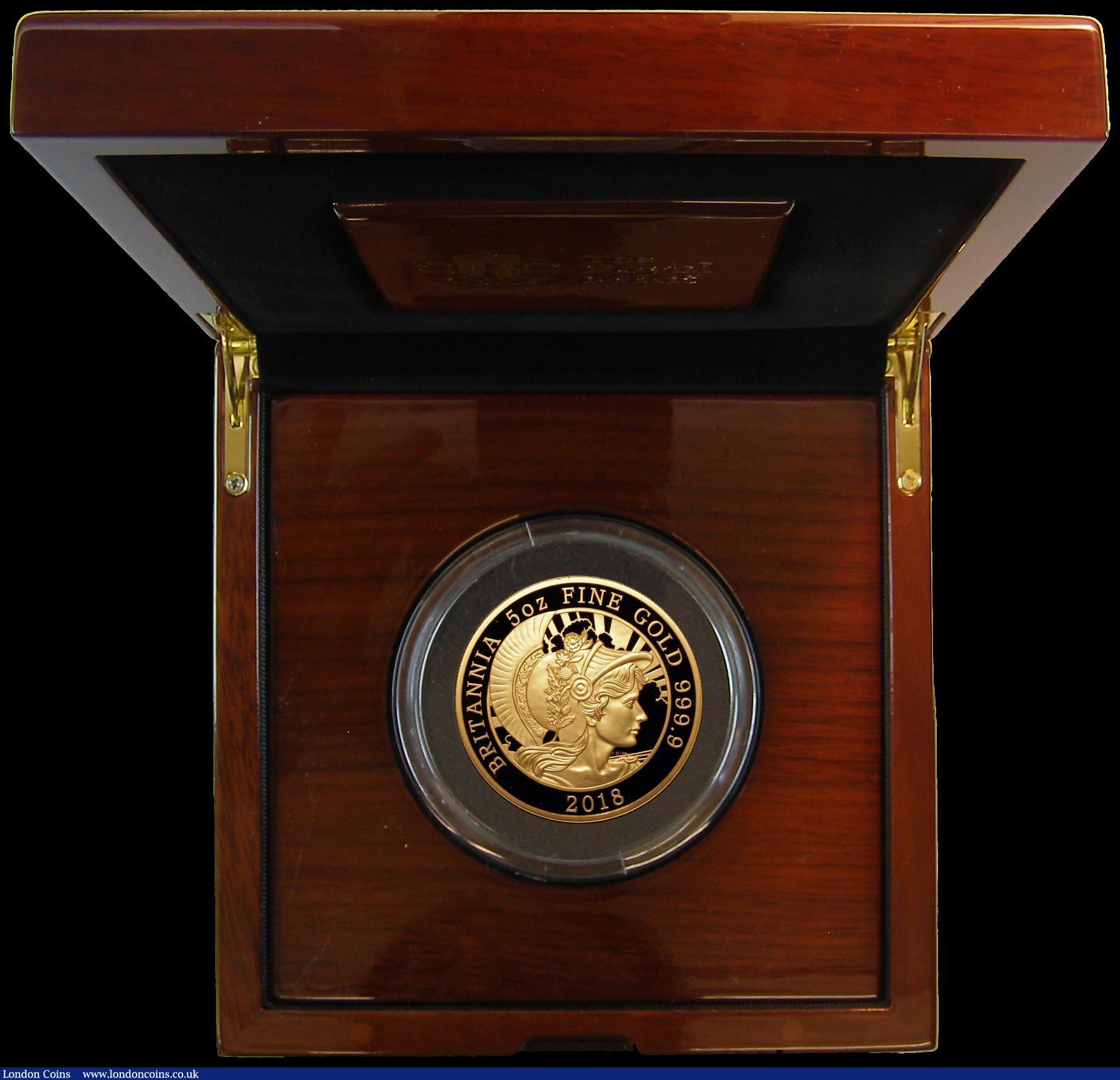 London Coins : A166 : Lot 579 : Five Hundred Pounds 2018 Britannia 5oz. Gold Proof S.BR5 FDC in the Royal Mint box of issue with cer...