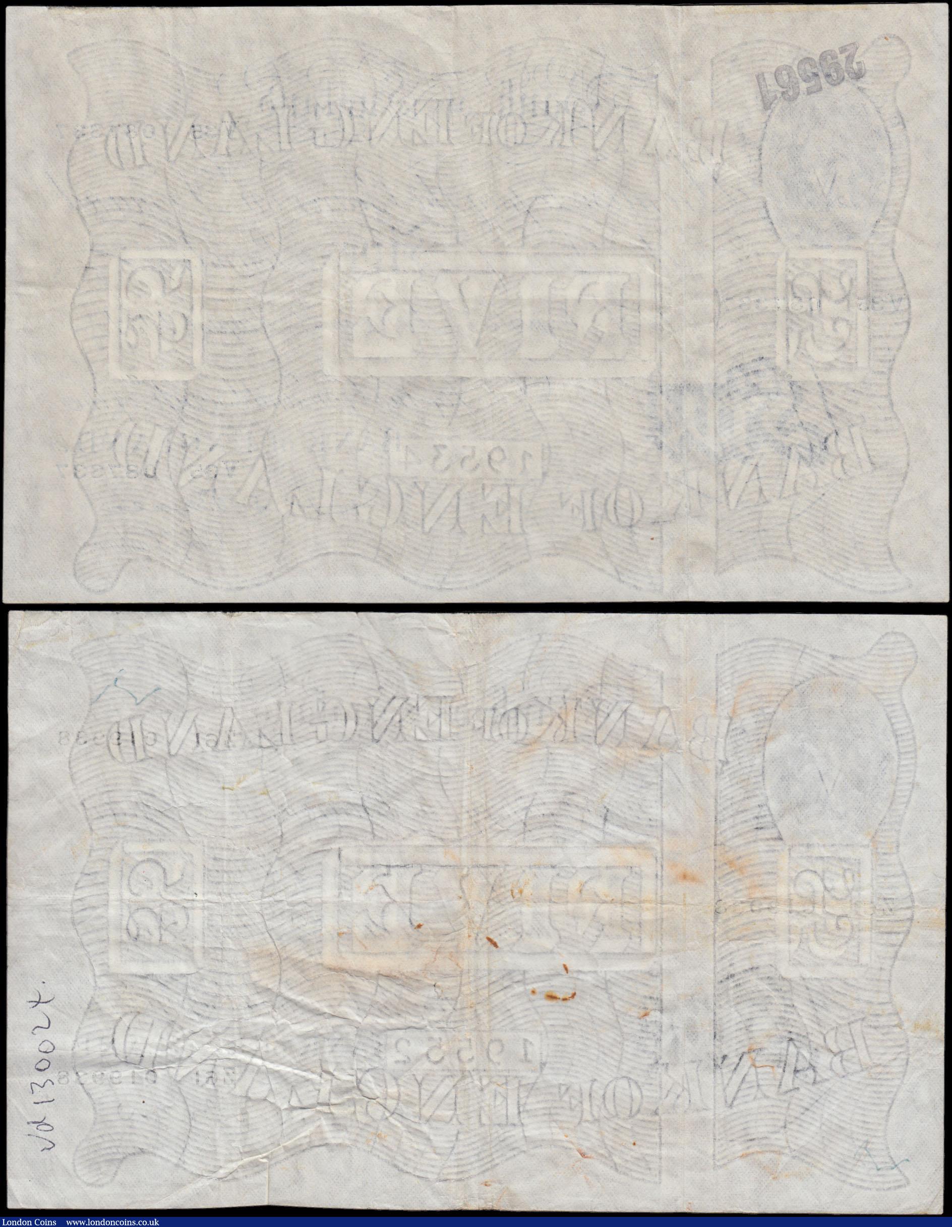 London Coins : A166 : Lot 58 : Five Pounds White notes (2) comprising O'Brien B275 dated 2nd May 1955 serial number Z61 019938...