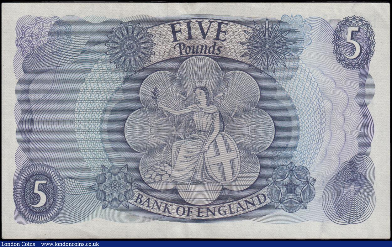 London Coins : A166 : Lot 63 : Five Pounds Fforde QE2 portrait & seated child Britannia B313 Replacement issue 1967 serial numb...
