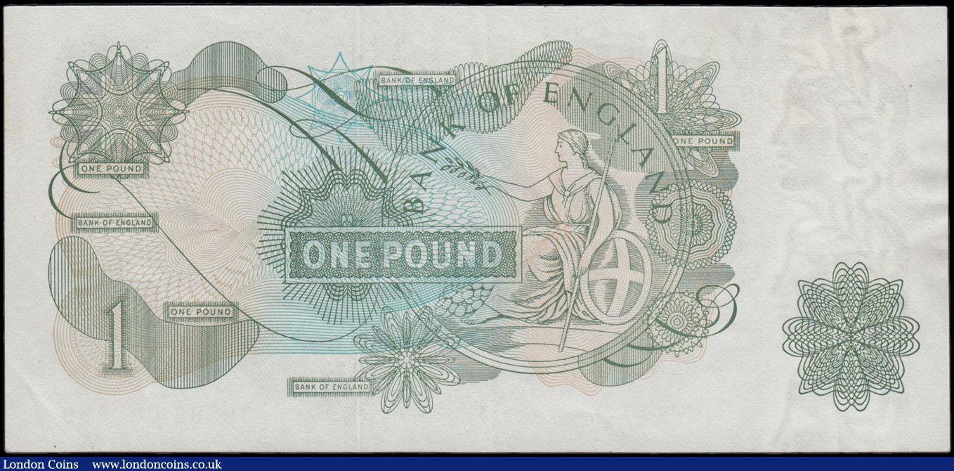 London Coins : A166 : Lot 65 : One Pound QE2 portrait & seated Britannia ERROR note B320 issue 1970 missing one number from the...