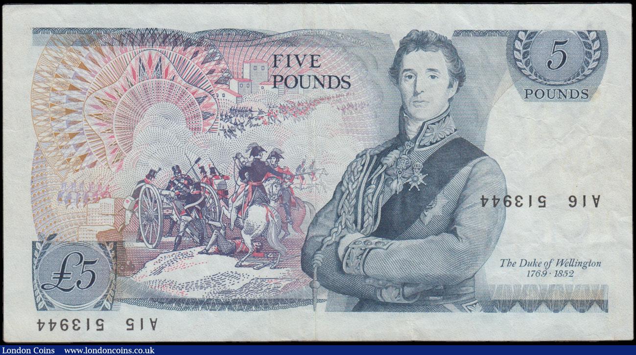 London Coins : A166 : Lot 67 : Five Pounds Page QE2 & The Duke of Wellington ERROR note B332 issue 1971 serial numbers printed ...