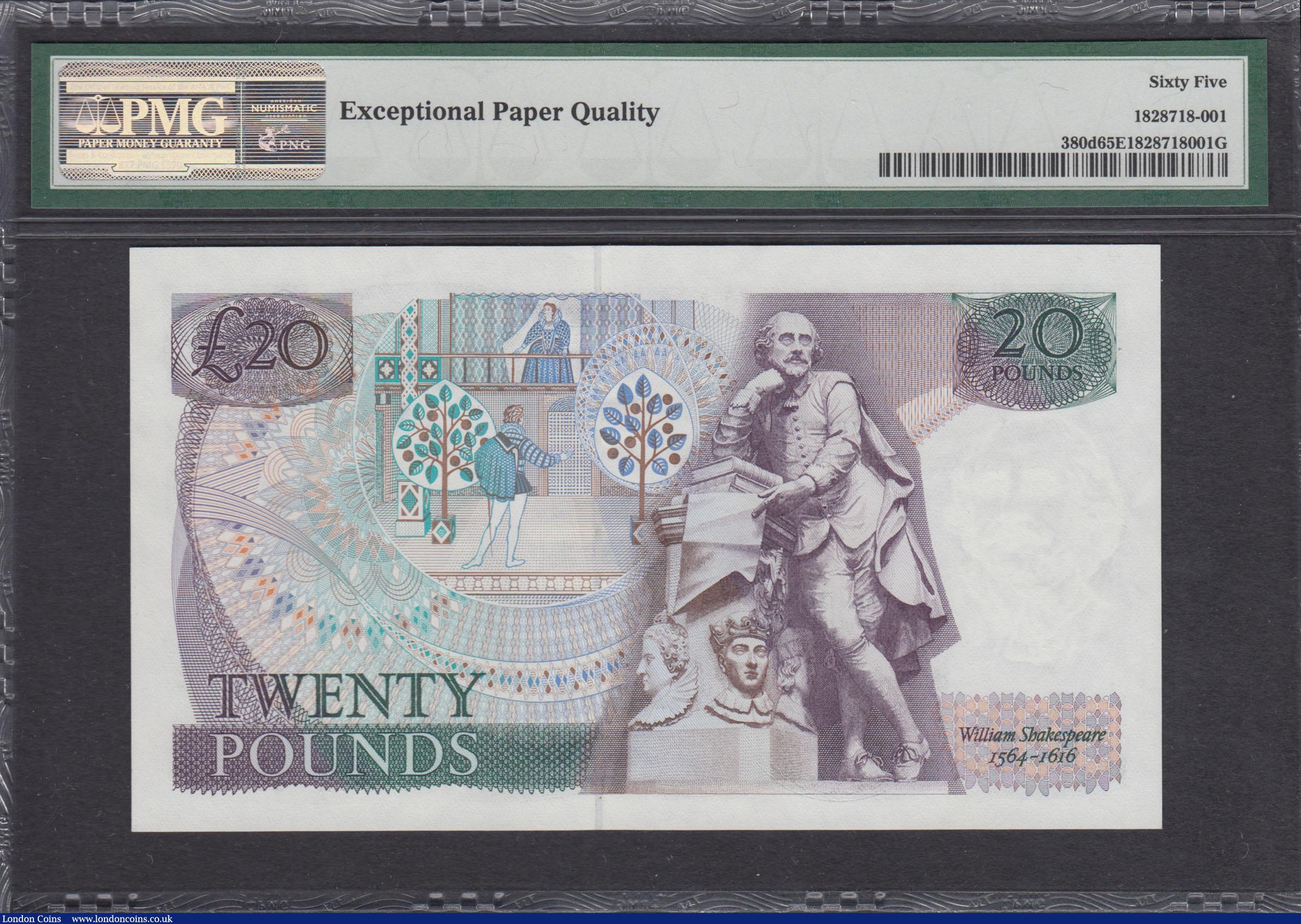 London Coins : A166 : Lot 72 : Twenty Pounds Somerset QE2 pictorial & William Shakespeare B351 Purple & Green issue 1984 FI...
