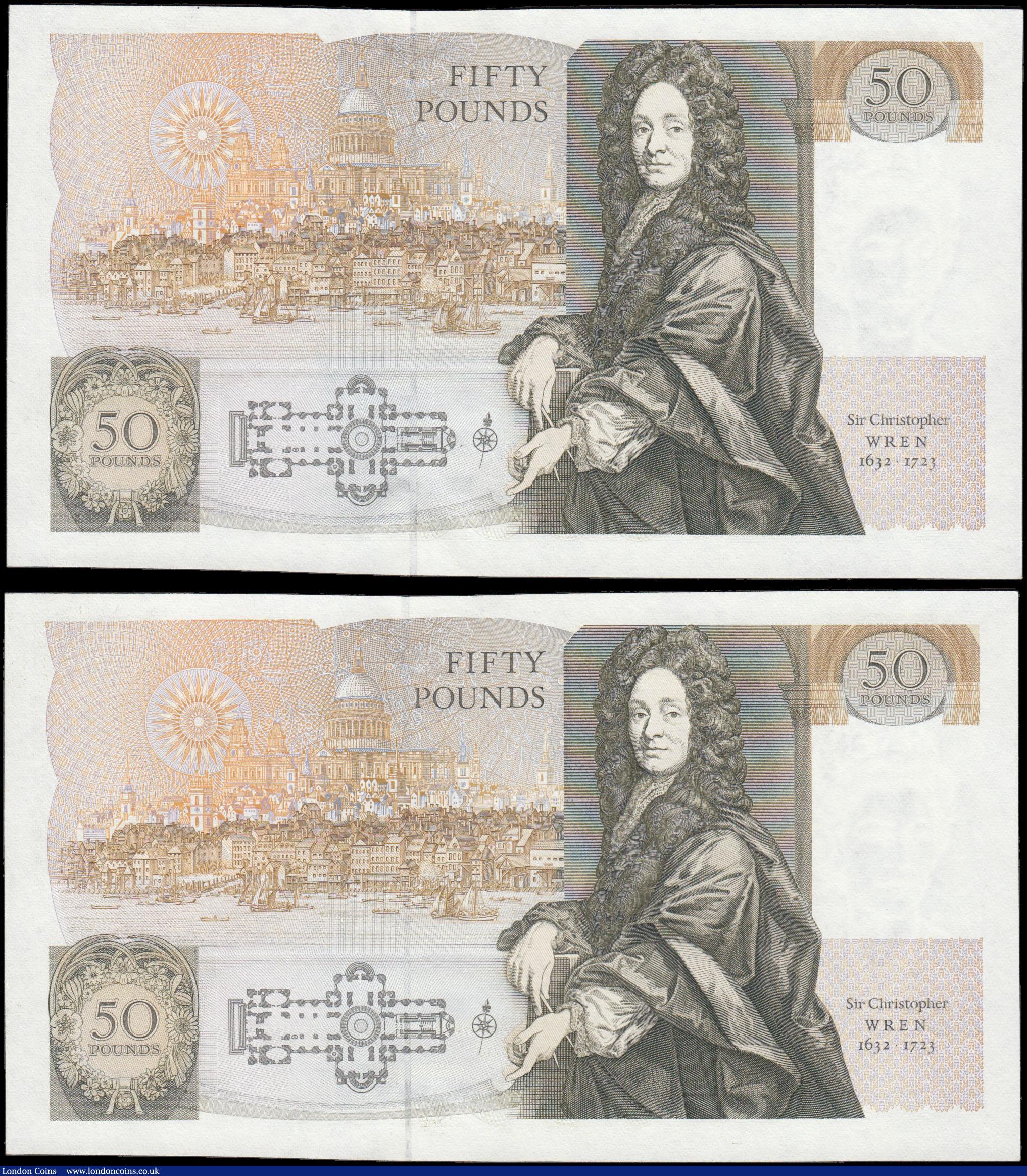London Coins : A166 : Lot 85 : Fifty Pounds Kentfield QE2 pictorial and Sir Christopher Wren B361 issues 1991 (2) FIRST RUN from ci...