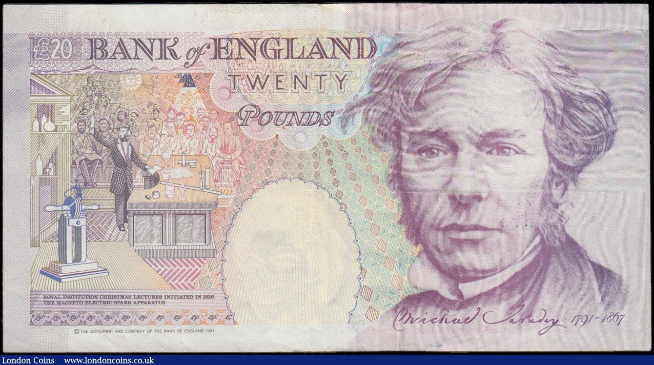 London Coins : A166 : Lot 86 : Twenty Pounds Kentfield QE2 & Michael Faraday Offset missing ink ERROR note B371 issue 1991 seri...