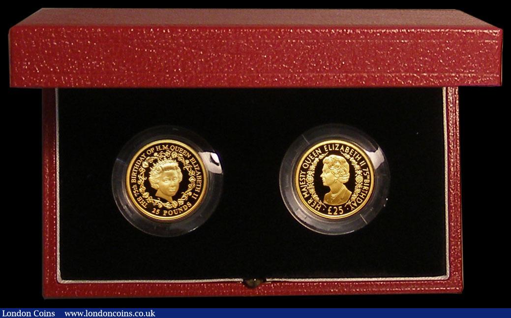 London Coins : A166 : Lot 904 : Alderney and Guernsey &pound;25 a 2-coin set 2001 Queen Elizabeth II 75th Birthday Gold Proofs FDC i...