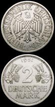 London Coins : A166 : Lot 2768 : Germany - Federal Republic 2 Marks (3) 1951F (2) KM#111 VF and EF, 1951J KM#111 NEF with small tone ...