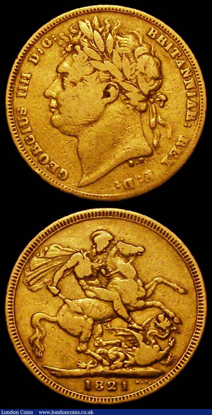 London Coins : A167 : Lot 1208 : Sovereigns 1821 (2) Marsh 5 the first VG/approaching Fine, the second, VG rubbed on the obverse