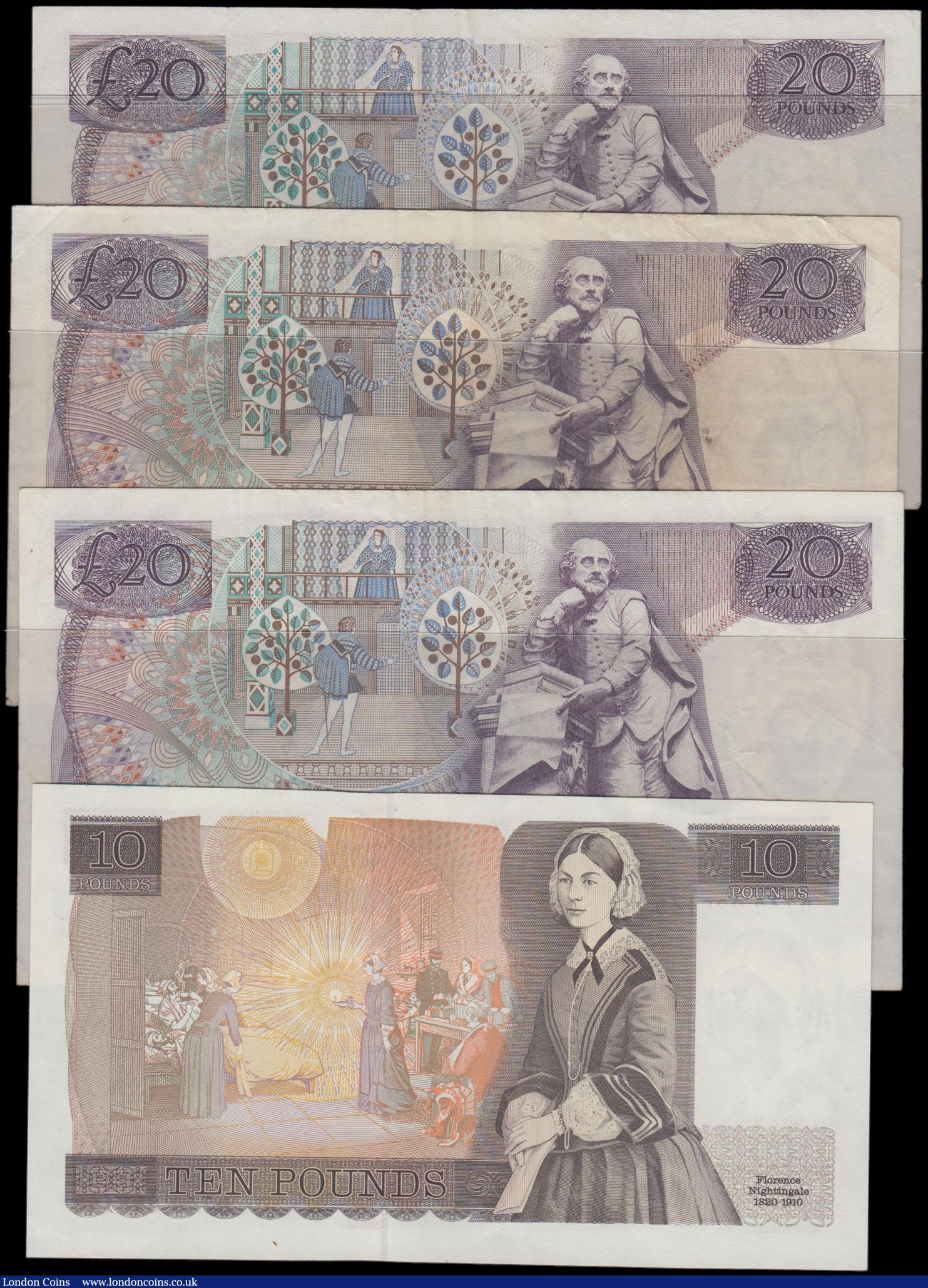 London Coins : A167 : Lot 1380 : Bank of England 1970 and 1988 issues (4) in higher grades VF/GVF to about UNC comprising 20 Pounds P...