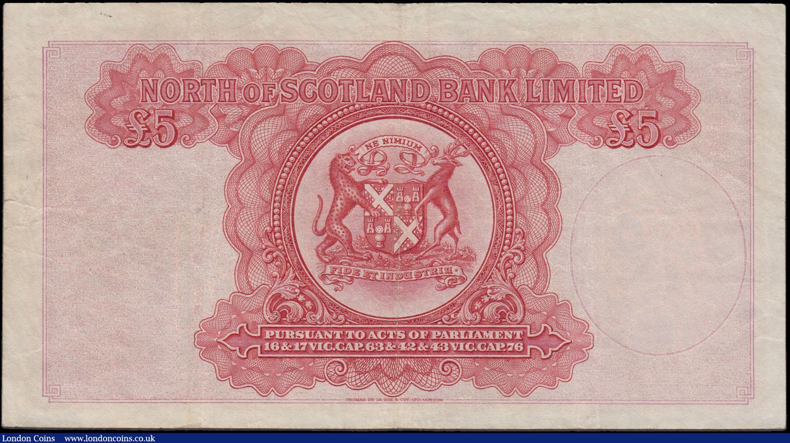 London Coins : A167 : Lot 1606 : Scotland North of Scotland Bank Limited Seventh issue 5 Pounds Pick S645 (PMS NS44b, BY SC715b) post...