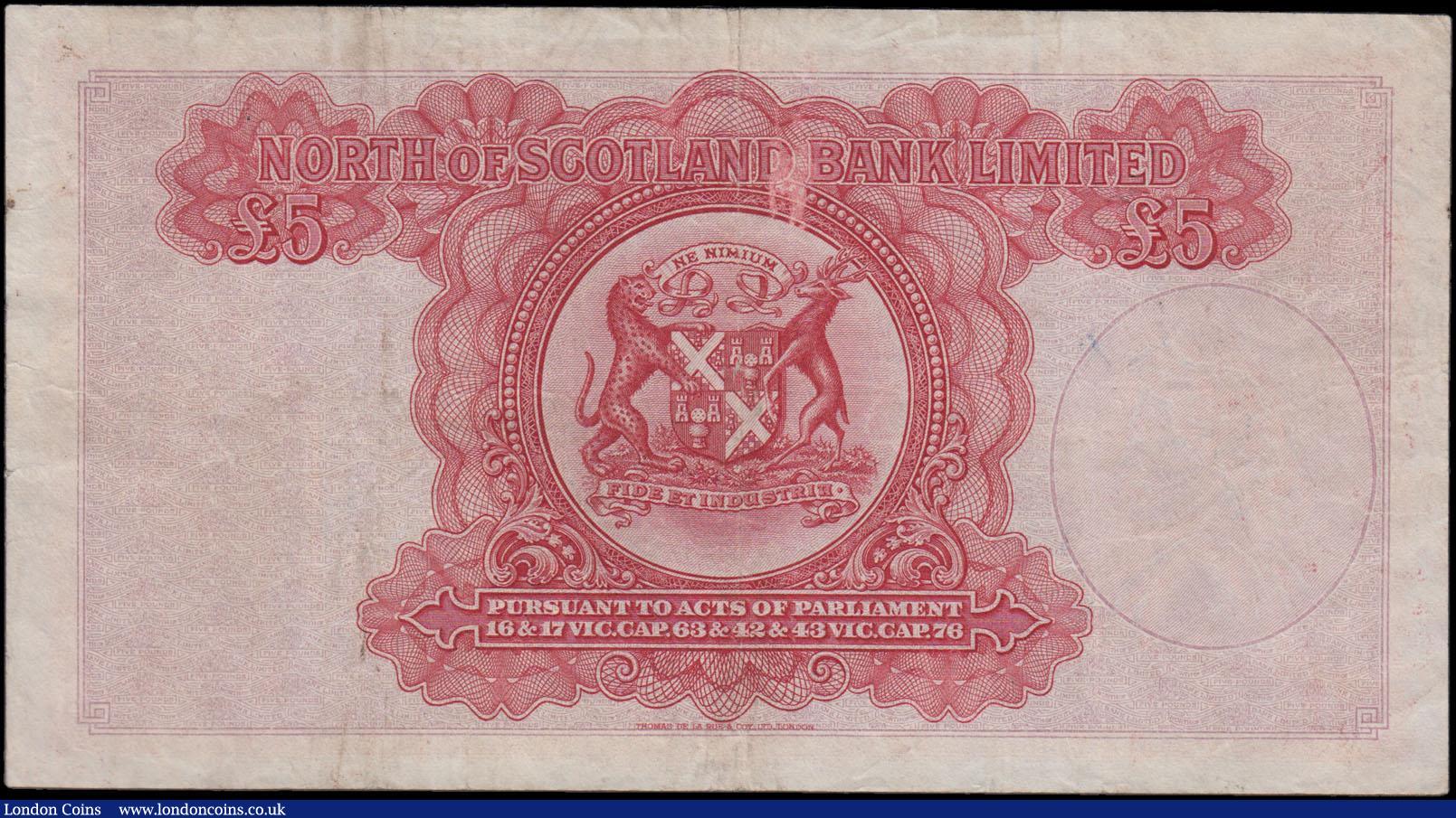 London Coins : A167 : Lot 1607 : Scotland North of Scotland Bank Limited Seventh issue 5 Pounds Pick S645 (PMS NS44b, BY SC715b) wart...