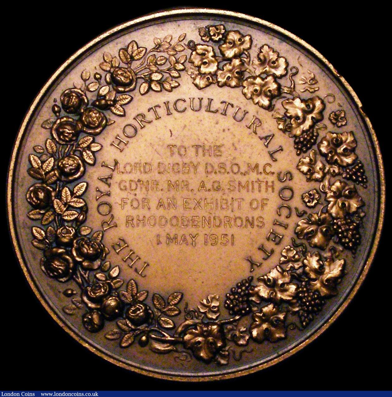 London Coins : A167 : Lot 1781 : Royal Horticultural Society bronze medal To Lord Digby May 1951, 55mm. EF.
Reverse engraved "To...