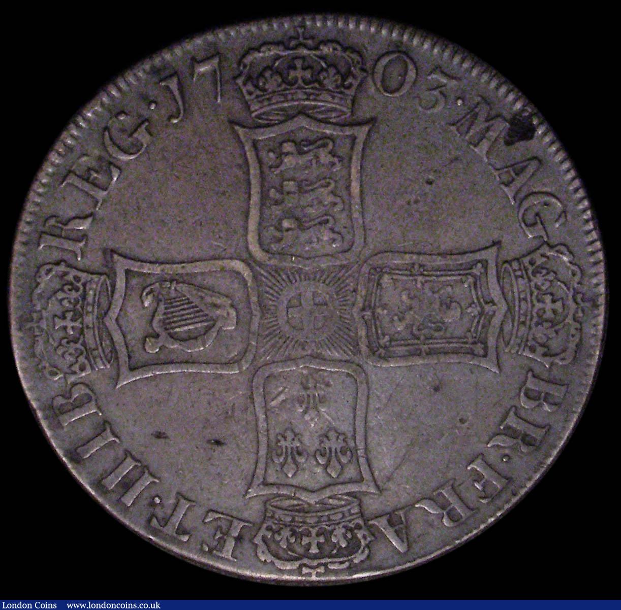 London Coins : A167 : Lot 461 : Crown 1703 VIGO ESC 99, Bull 1340 with two small peripheral flaws NVF/GF