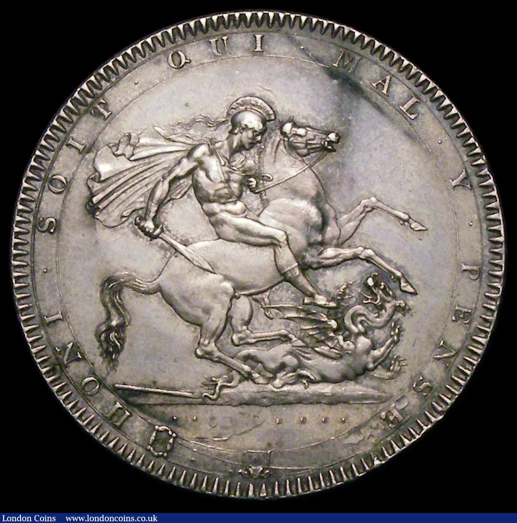 London Coins : A167 : Lot 466 : Crown 1818 LVIII ESC 211 GVF toned, slightly uneven on the reverse, the obverse with an edge bruise ...