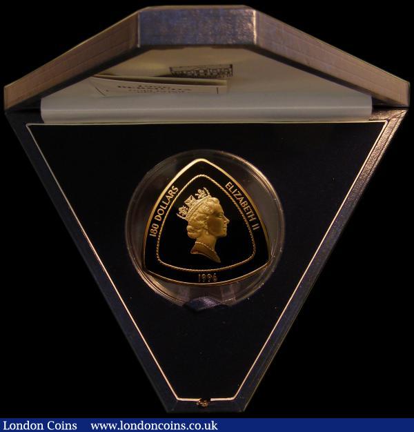 Bermuda 180 Dollars 1996 Bermuda Triangle, Triangular 5oz. Gold Proof struck in .999 gold KM#98, FDC or very near so with a few very small red tone spots. Only 99 of these spectacular pieces were minted, an extremely eye-catching and impressive piece, in the blue Royal Mint box of issue with certificate  : World Cased : Auction 167 : Lot 246