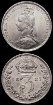 London Coins : A167 : Lot 2548 : Threepences (3) 1840 ESC 2050, Bull 3366 NEF with attractive blue tone, 1875 ESC 2081, Bull 3419 GEF...