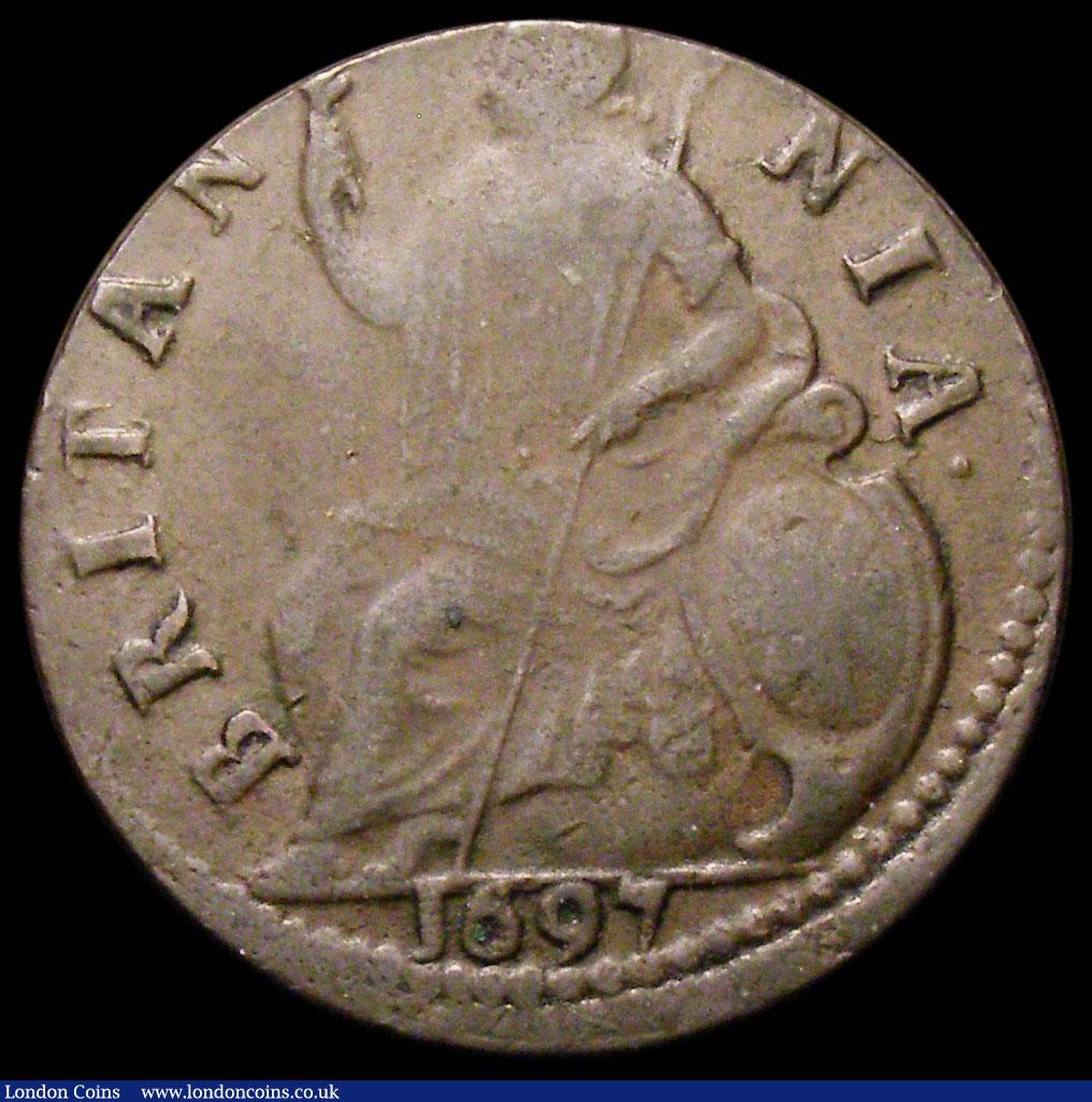 London Coins : A168 : Lot 2193 : Halfpenny 1697 E over B in GVLIELMVS unlisted by Peck, we note there was no equivalent type in the N...