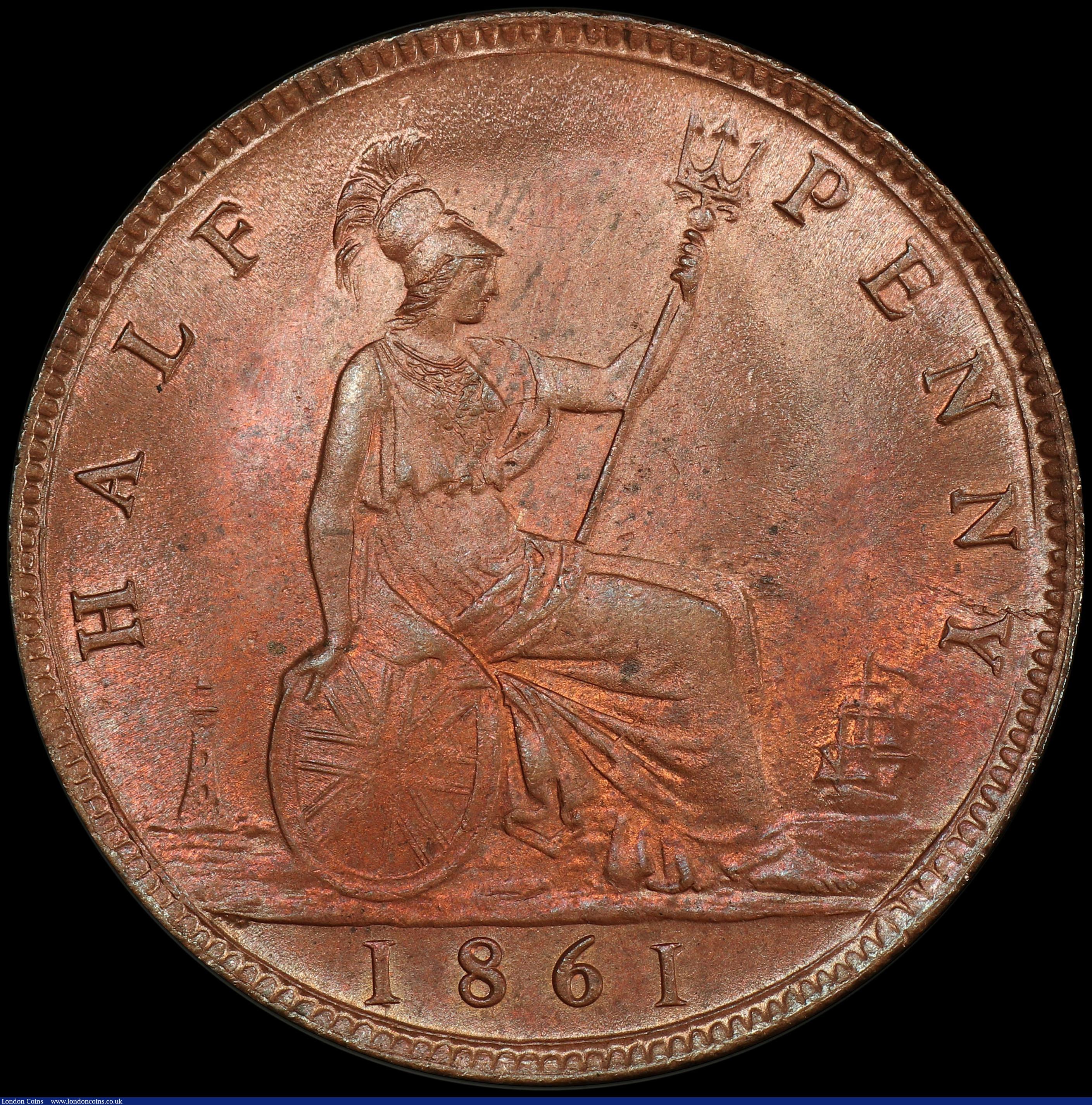 London Coins : A168 : Lot 2207 : Halfpenny 1861 Freeman 282 dies 7+G in a PCGS holder and graded MS64 RB