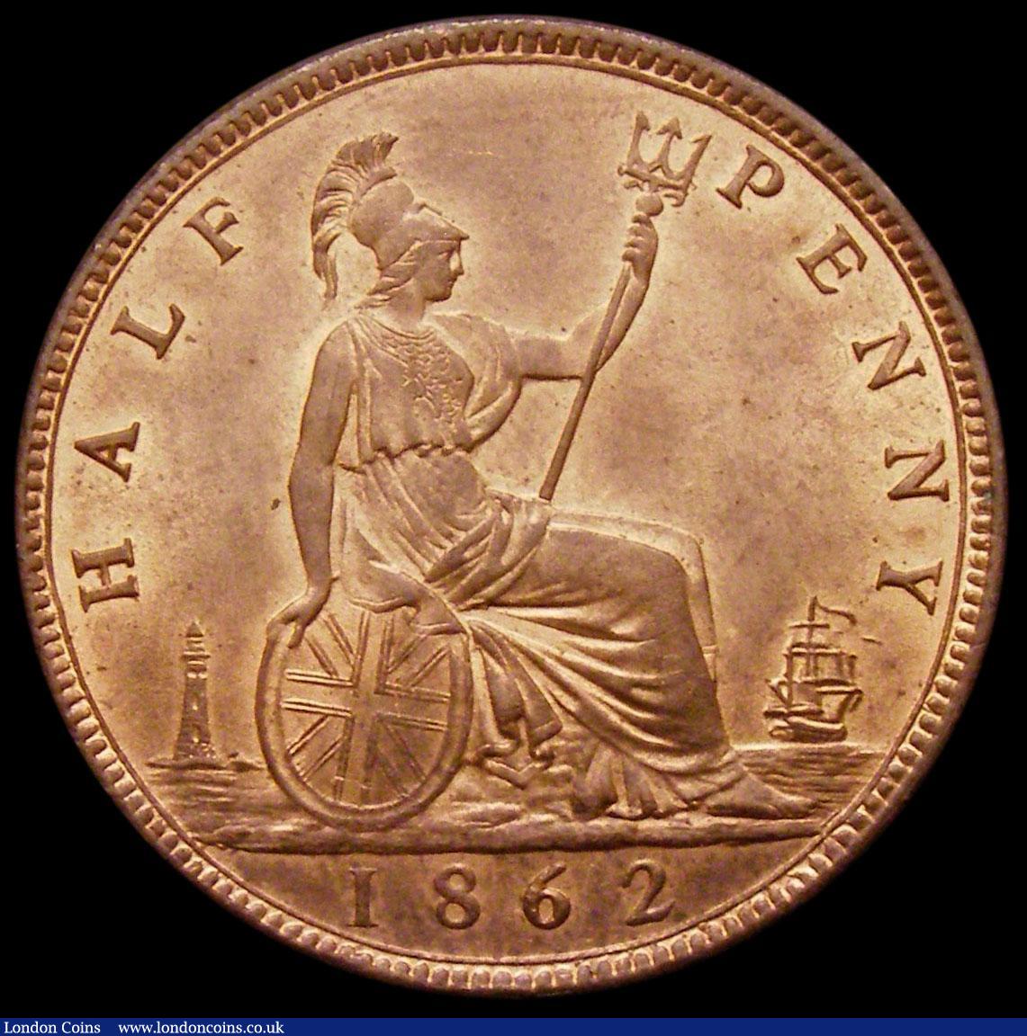 London Coins : A168 : Lot 2211 : Halfpenny 1862 No Rocks to left of lighthouse, Long Flag tail, LCGS Variety 11 Choice UNC and lustro...