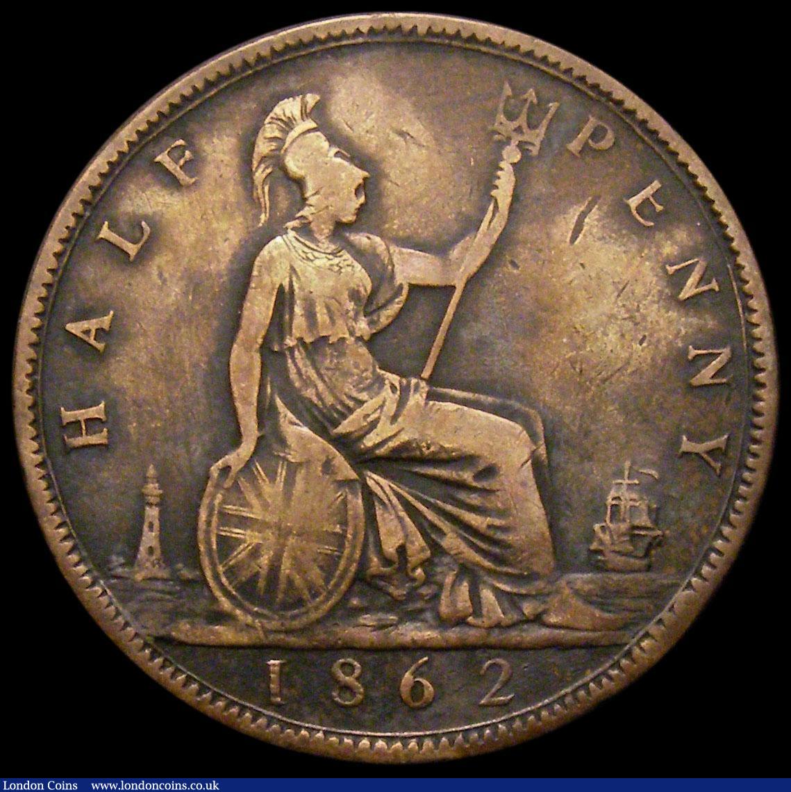 London Coins : A168 : Lot 2212 : Halfpenny 1862 Rocks to left of lighthouse. Long Flag. E of PENNY is as an inverted reversed F (no t...