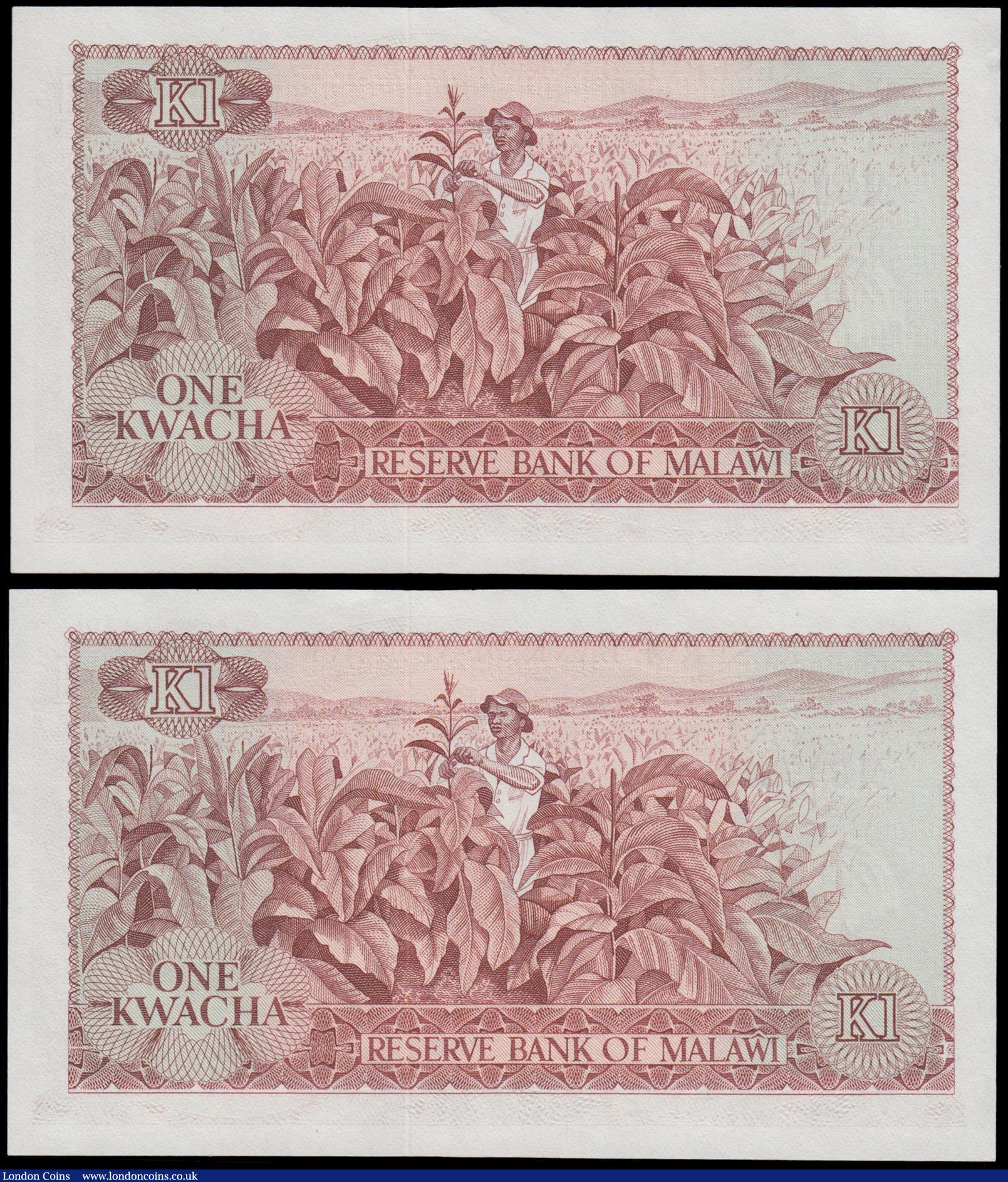 London Coins : A168 : Lot 225 : Malawi Reserve Bank 1 Kwacha Pick 10c dated 31st January 1975 (2) a consecutively numbered pair seri...