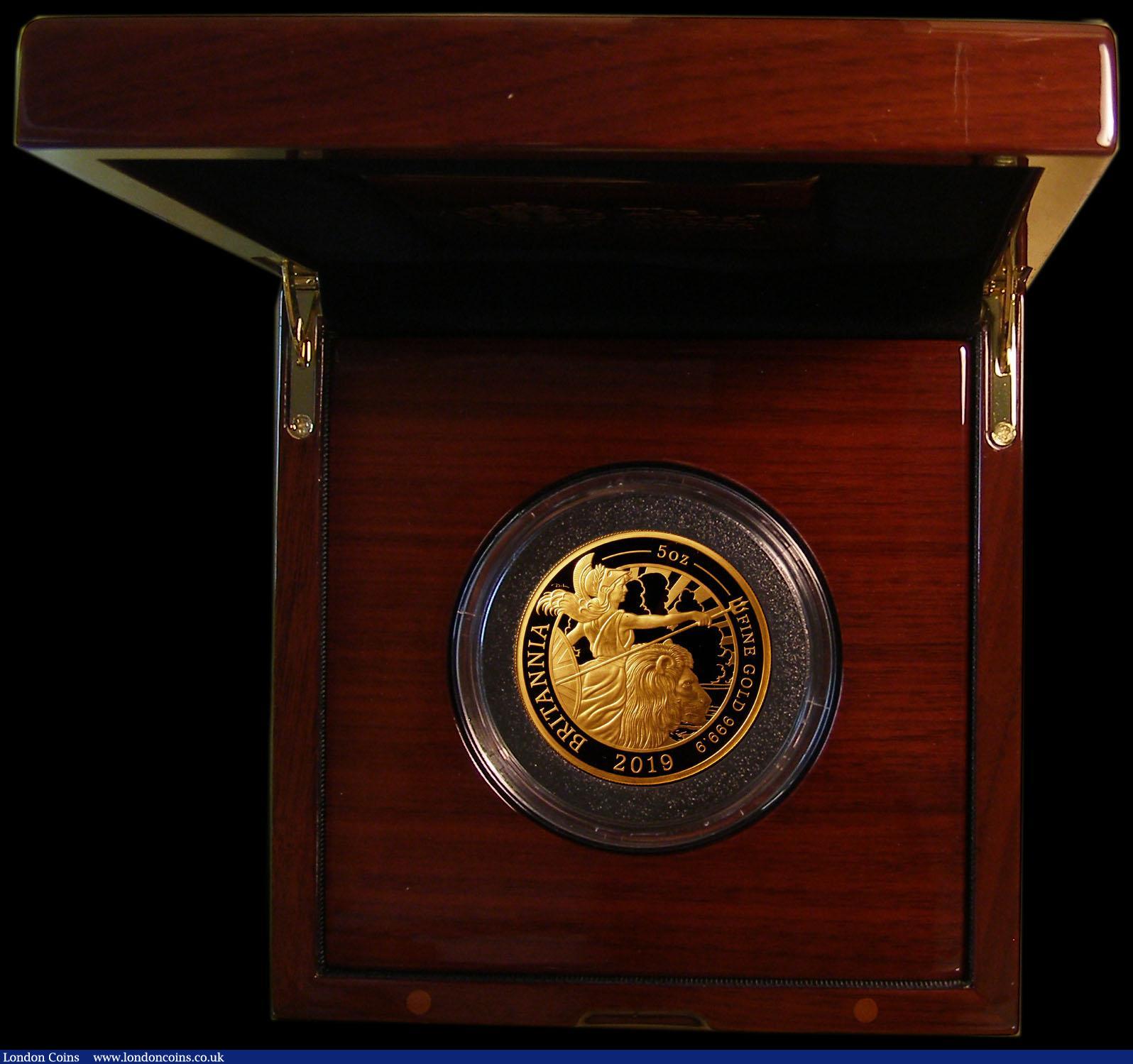 London Coins : A168 : Lot 397 : Five Hundred Pounds 2019 Britannia 5oz. Gold Proof, FDC in the Royal Mint box of issue with certific...