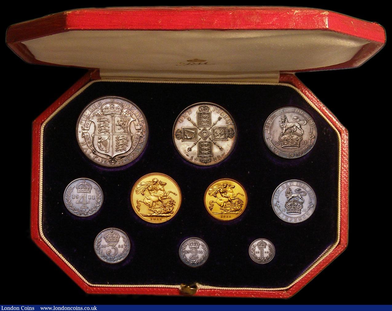 London Coins : A168 : Lot 471 : Proof Set 1911 Short Set (10 coins) Sovereign to Maundy Penny UNC to FDC with some light toning, the...